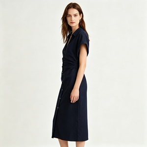 <span class=keywords><strong>Abito</strong></span> chemisier elegante in denim da donna, con vita arricciata, lunghezza <span class=keywords><strong>midi</strong></span>, maniche corte e bottoni - Product Image 3