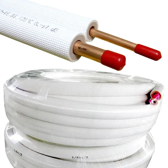 Paire de tubes à serpentin pour climatiseurs 1/4 ''3/8" Pièces détachées pour climatiseurs Tube de réfrigérant Tuyau en cuivre isolé