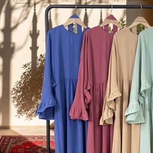 9.9USD High Quality Women Dress Special Pleated Sleeves Round Neck Back Zipper With Belt Casual Elegant Abaya Dress - Product Image 4