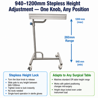 Support de plateau pour instruments chirurgicaux en acier inoxydable SUS304 à barre unique, hauteur réglable 940-1200 mm avec 4 roulettes à frein