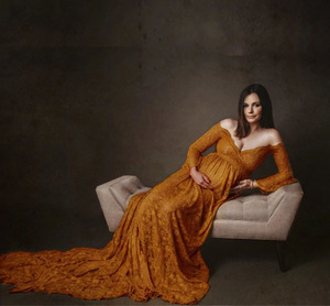 Châu Âu và mỹ của phụ nữ V cổ sừng ren siêu dài trailing phụ nữ mang thai chảy váy nhiếp ảnh Ăn mặc - Product Image 5