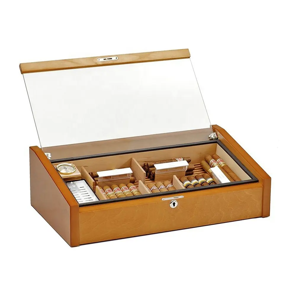 Toptan markalı sigara kutusu cam üst humidor puro kılıfı tutucu puro neme kilit ile toplu