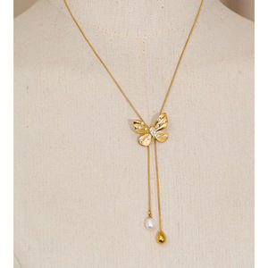 ג 'ינו 479 אלגנטי 3D נירוסטה פרפר זוהר מעוקב שרשרת זרקון שרשרת שרשרת פנינים כפולה פנינים - Product Image 5