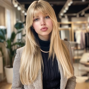 Peluca Afro Popular de Moda 360 con <span class=keywords><strong>Flequillo</strong></span> Completo, Peluca Larga y Lisa de Seda Resistente al Calor, Color Marrón, SM7828 - Product Image 5