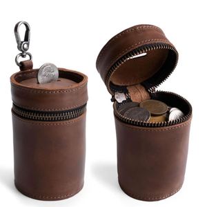 Hucha de Cuero Genuino para Portavasos de Coche, Monederos con Cremallera, Organizadores de Monedas, Bolsas, Hucha Artesanal Tipo Cubo - Product Image 1