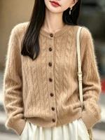 Cardigan en cachemire pur brossé personnalisé à col rond torsadé pour femme – Pull torsadé