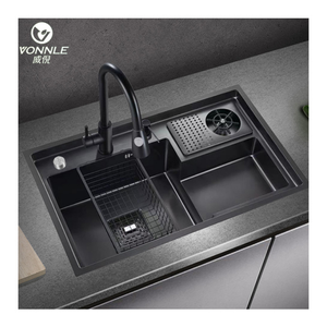 Évier de cuisine intelligent en acier inoxydable nano <span class=keywords><strong>noir</strong></span> nouvellement conçu avec lave-gobelet Style <span class=keywords><strong>bol</strong></span> unique 1 valve en laiton - Product Image 1
