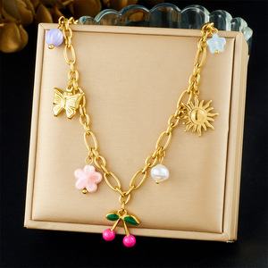 Gold Plated Charm Necklace With Butterfly Sun Cherry Pendant For Gift - Product Image 1