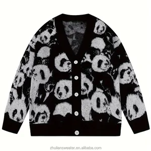 Individuelle Mode entzückendes Panda-Muster warmer gestrickter Kartenfreier Pullover Knopfleiste langärmeliger Pullover für Damen