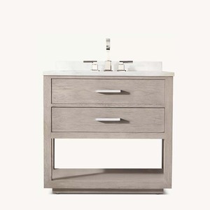 Meuble-lavabo de salle de bain moderne de luxe à vasque unique, avec comptoir en marbre <span class=keywords><strong>blanc</strong></span>, rangement en bois clair et robinetterie chromée, idéal pour hôtels et appartements - Product Image 3