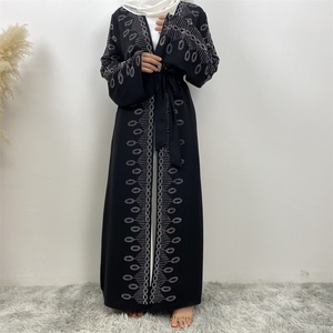 1424# Premium Modest Coats for Muslim Women Nida Open Abaya With Sequins <b>Black</b> Long Coat With Side Pockets - Product Image 3