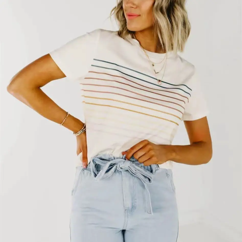 2022 Hot Selling Women Stripe T-shirt Short Sleeve O-neck T-shirt Women Tops