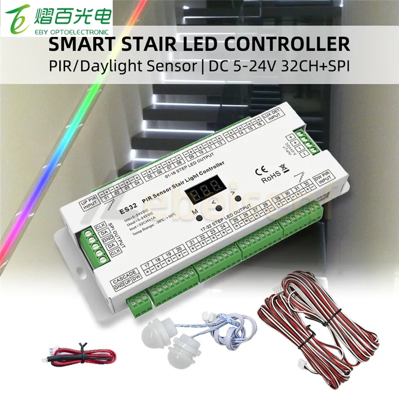 ES32 PIR pengontrol lampu tangga Sensor gerak DC 5V 12V 24V 32CH * 1A warna tunggal 2 * SPI RGB Pixel warna ajaib lampu langkah Dimmer