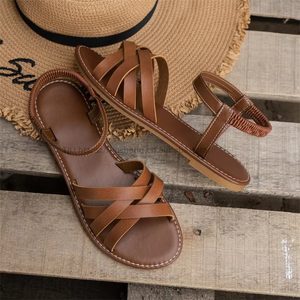 Women's Fashion Trend Flat Sandals for Spring and Summer Cross <b>Belt</b> <b>Elastic</b> Round Head Fish Mouth Roman Platform New Items - Product Image 5