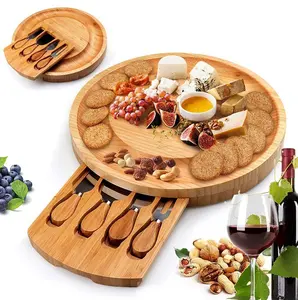 Hot Sale custom logo round premium cheap small bamboo meat charcuterie cheese board with knives