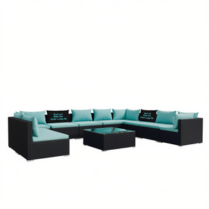 Set da giardino in rattan nero e blu acqua, 10 posti, mobili da esterno dal design contemporaneo - Product Image 1