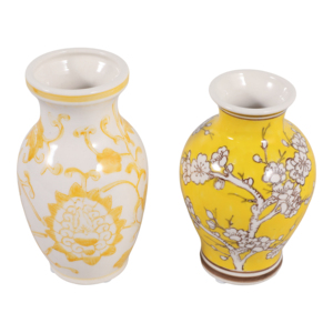 Vaso in Ceramica con Design Floreale Chinoiserie, Giallo e Bianco, Pezzo Decorativo per Soggiorno - Product Image 5