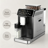 Cafetera Espresso Inteligente Portátil y Compacta Anbolife, Bomba Italiana, Pantalla Táctil, Jarra de Leche Desmontable, Molinillo Integrado, Acero Inoxidable