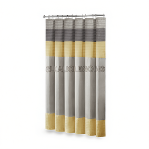 Rideau de douche en fausse soie, design moderne et minimaliste, rayures grises et jaunes, accessoire de salle de bain - Product Image 1