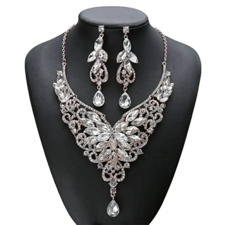 Grosir Anting Kristal Mewah Kalung Perhiasan Imitasi Mode, Set Kalung Anting, Set Perhiasan Pengantin Wanita Pernikahan
