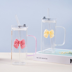 Gobelet en <span class=keywords><strong>verre</strong></span> carré borosilicate Beeman 350ml poignée et couvercle <span class=keywords><strong>de</strong></span> couleur créative avec paille transparente verres <span class=keywords><strong>de</strong></span> qualité supérieure - Product Image 2