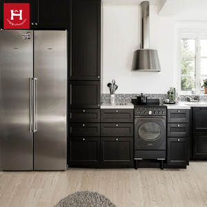 HAPPY HOUSES Ensemble <span class=keywords><strong>d</strong></span>'armoires de cuisine en bois massif de style industriel moderne noir avec comptoirs blancs, îlot de cuisine, armoire de rangement - Product Image 4