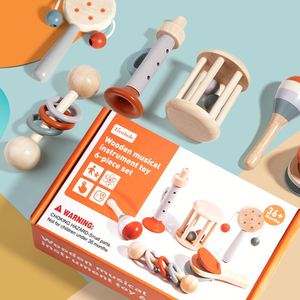 Jouets en bois Orff pour bébé : clochettes, hochets à agripper, instruments d'éveil musical et apaisant pour la petite enfance, lot de 6 pièces en boîte colorée - Product Image 3