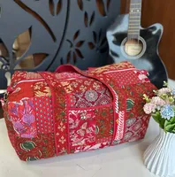 Sac polochon en coton jaune de luxe avec fleurs et imprimés en blocs Bagage à main lavable pour femmes pour voyage Plage Shopping