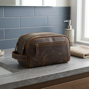 Trousse de Toilette en Cuir Moyenne Vintage avec Fermeture Éclair, Étui Cosmétique Durable avec Poignée Souple - Product Image 3