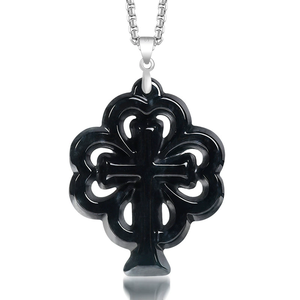 Colgante de plata S925 y jade negro natural de grado A con diseño de trébol de cuatro hojas y cruz, estilo moderno y versátil. - Product Image 2