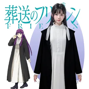 Kostum Cosplay Frieren, jubah hitam, setelan gaun putih untuk kostum penampilan penggemar Anime