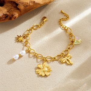Bracelet en acier inoxydable plaqué or 18 carats pour femmes avec perle étoile marguerite fleur noeud style tendance pour cadeaux bouddhistes - Product Image 1