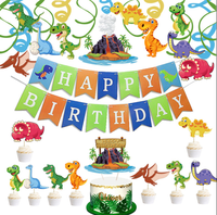 Ensemble de vaisselle d'anniversaire sur le thème des dinosaures de dessin animé, guirlande décorative, décoration de gâteau, ornement en spirale pour fête, décoration d'anniversaire sur le thème des dinosaures pour enfants