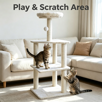 Arbre à chat avec lits en peluche, structure à trois niveaux, poteaux à gratter en sisal, nid de repos rond et jouet suspendu