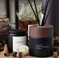 Diffuseur de parfum en verre noir mat de luxe avec logo personnalisé, 150 ml, bouteille cylindrique, bouchon à vis en bois, carton écologique recyclable