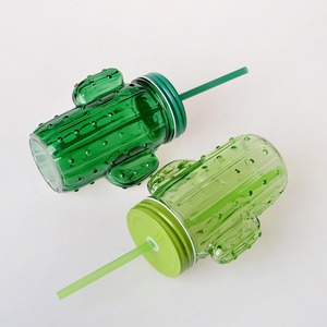 卸売 クリエイティブなサボテン型 グラデーションカラー ガラス製ビールジョッキ 450ml ジュース、水、牛乳用 ハンドルとストロー付きドリンクカップ - Product Image 2