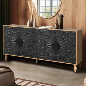Black Carved Symmetrical Design <b>Door</b> Wood Coloured Frame Tv <b>Stand</b> Living Room Entryway - Product Image 4