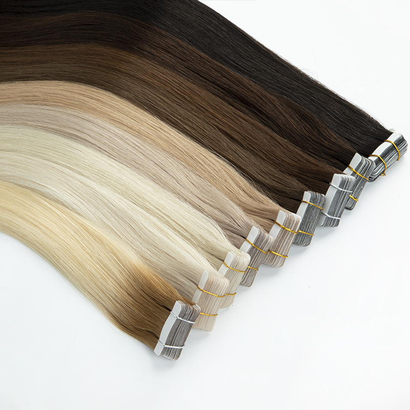 Cinta de salón en extensiones de cabello humano, cutícula completa, cabello humano virgen Remy, cinta invisible en extensión de cabello humano