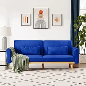 Futon tempat tidur Sofa, sandaran tangan konversi, Lapis Biru, tempat tidur Sofa bingkai kayu untuk kamar tidur ruang tamu tempat tidur Modern