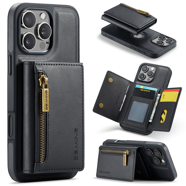 DG.MING M5 Case for iPhone 16 Pro Max Magnetic Detachable 2 in 1 Zipper Wallet Card Holder Leather Phone Cover for iPhone 15 16