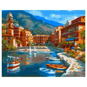 Oil Painting Houses And Boats At The Foot Of The Mountain Picture Canvas Art Wall Art Decorative Painting On Canvas