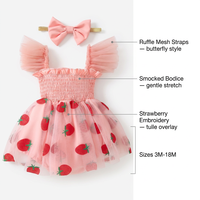 Robe d'été pour nouveau-né, barboteuse à corsage smocké, bretelles à volants en tulle, jupe à motif fraise, entrejambe à boutons-pression, robe d'été pour bébé