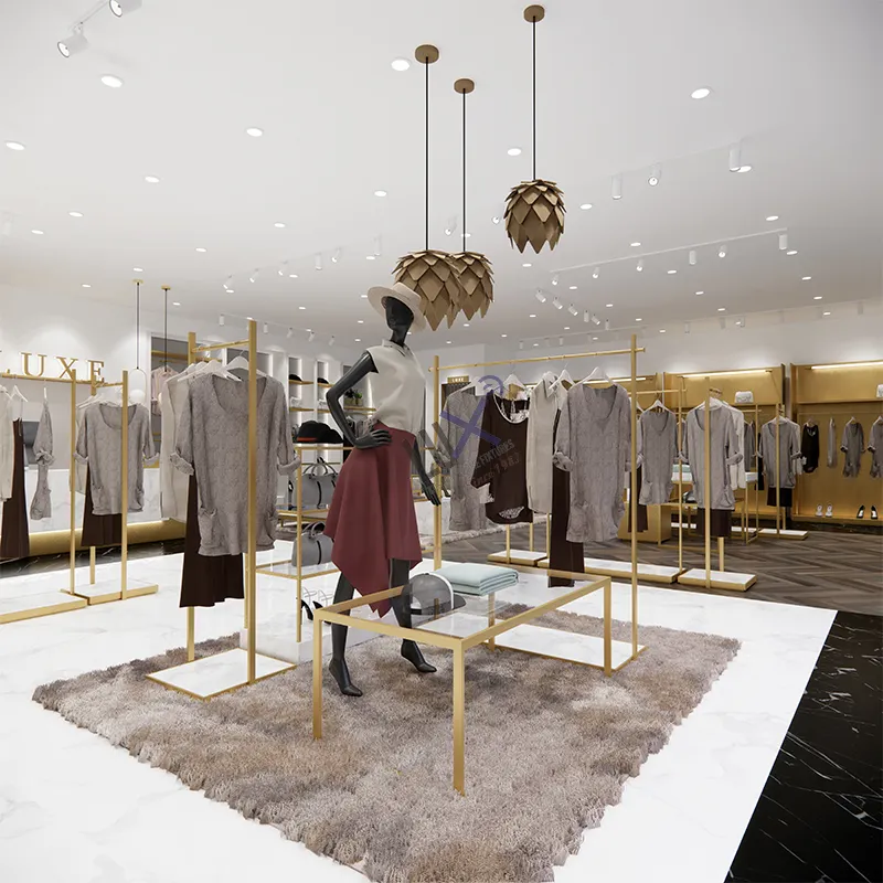 Lüks tasarım sıcak satış tasarım altın elbise ekran standı özel boyut bayanlar giyim mağazası asılı raf