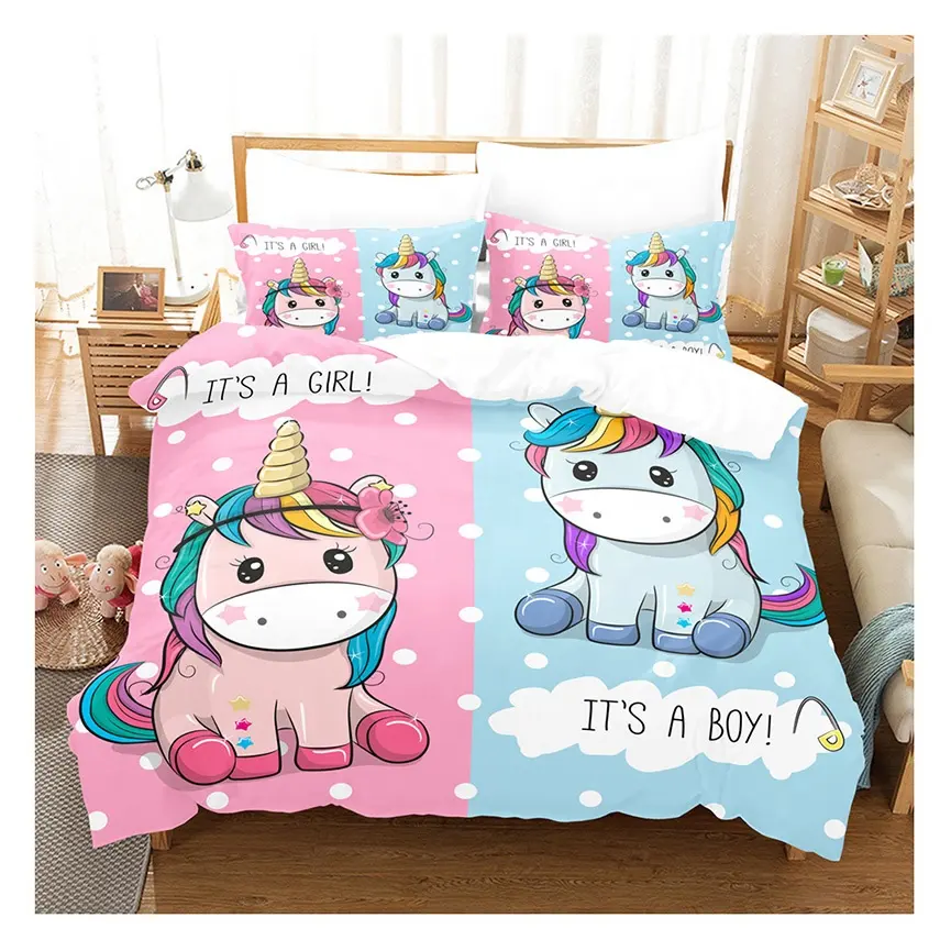 Grosir Set seprai tempat tidur anak, 3D motif Digital Unicorn pelangi, Set selimut penutup