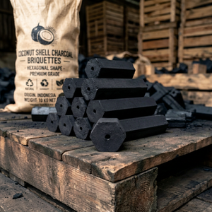 Briquetas de Carbón de Cáscara de Coco Ecológicas, Forma Hexagonal, Bajo Humo, Baja Ceniza, Carbón para Parrilla - Product Image 1