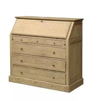 Bureau de secrétaire vintage en chêne massif de style campagne française, avec tiroir d'écriture rabattable et multiples rangements, finition antique vieillie