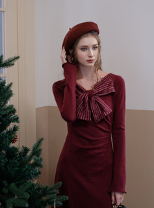 Personalizado elegante señora Vintage <span class=keywords><strong>rojo</strong></span> cuello en V Cruz manga larga arco cintura plisado largo mujer Navidad fiesta vestidos de noche - Product Image 2