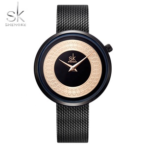SHENGKE Offre Spéciale filles montre mains K0094L accepter Logo personnalisé en acier inoxydable <span class=keywords><strong>maille</strong></span> montre-bracelet de luxe dame noir/rose couleur - Product Image 1