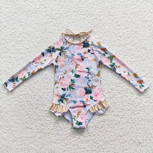 Traje de baño de una pieza con volantes y estampado floral de melocotón de manga larga para bebés y niñas pequeñas - Product Image 4