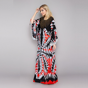 Mujeres musulmanas elegante Tie Dye diamantes de imitación apliques manga larga encaje ajuste hasta el suelo Kaftan Abaya bata vestido - Product Image 1